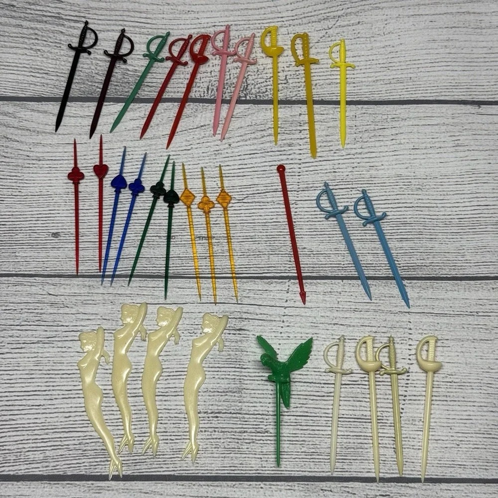 31 Vintage Plastic Hors D'oeuvres Cocktail Forks Swords Picks Mermaid Parrot